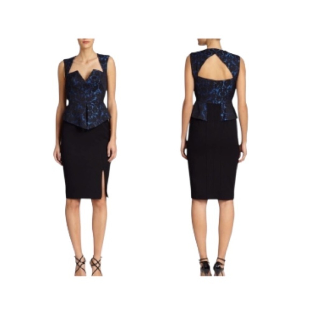 BLACK HALO Blue Black
Brocade Peplum Wiggle Dress
Women's Size 6
